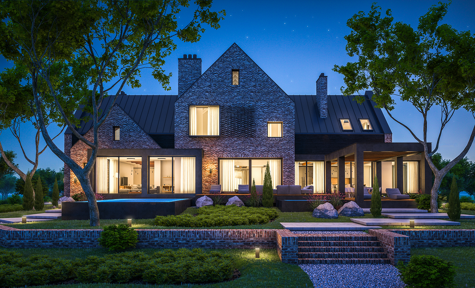 3D Rendering Of Modern Clinker House On The Ponds With Pool In N
